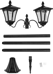 2.1m (7ft) Large Black Twin Head Solar-Powered Victorian-Style Security Lamp Post - Traditional White LED Filament Outdoor Garden Decorative Lighting