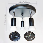 Ceiling light fixture with three bulbs, showing dimensions and wiring diagram on a white background.