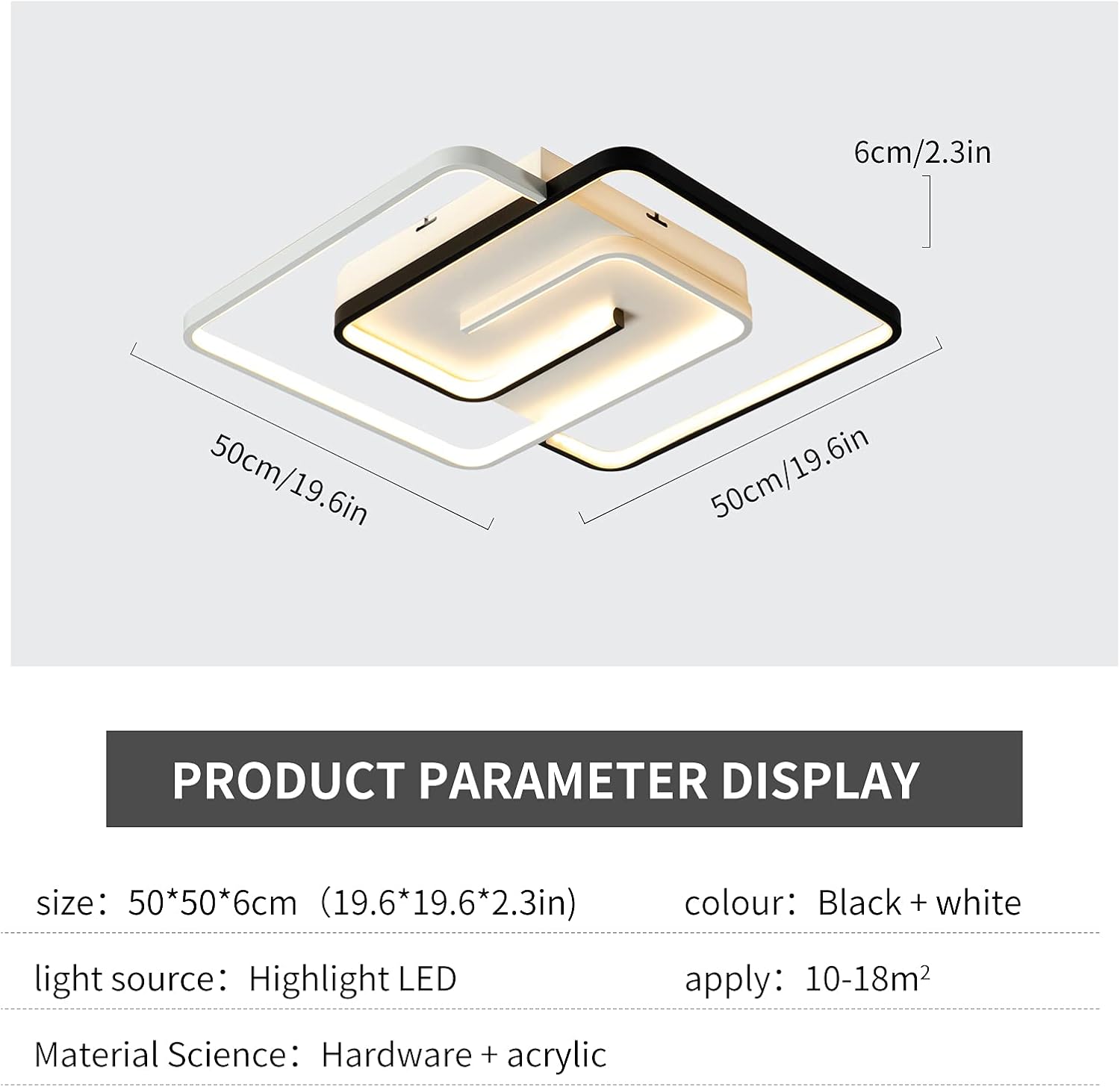 Modern LED Ceiling Light 36W, 50cm Square Flush Mount with Remote Control, Dimmable 3-Color 2700K-6500K Black & White Geometric Lamp for Living Room, Bedroom, Kitchen