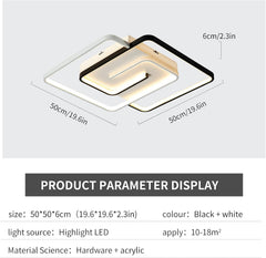 Modern LED Ceiling Light 36W, 50cm Square Flush Mount with Remote Control, Dimmable 3-Color 2700K-6500K Black & White Geometric Lamp for Living Room, Bedroom, Kitchen