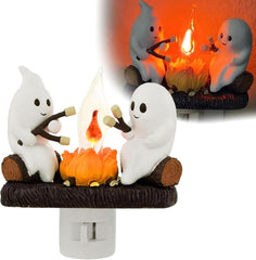 Ghost Campfire Nightlight, Ghosts Roasting Marshmallows, Flickering Flame, Halloween Decoration (White 1 pc)