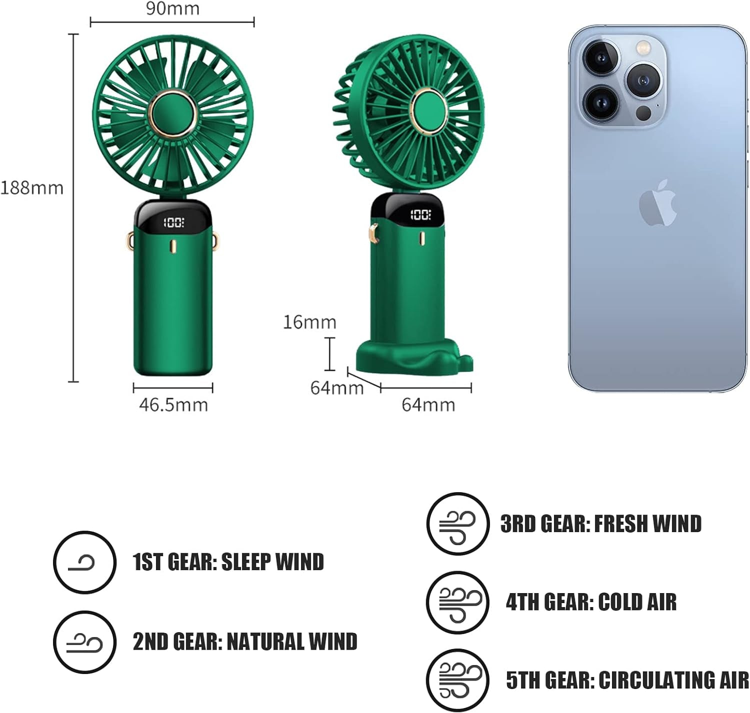 Foldable USB Handheld Fan 5 Speeds LED Display