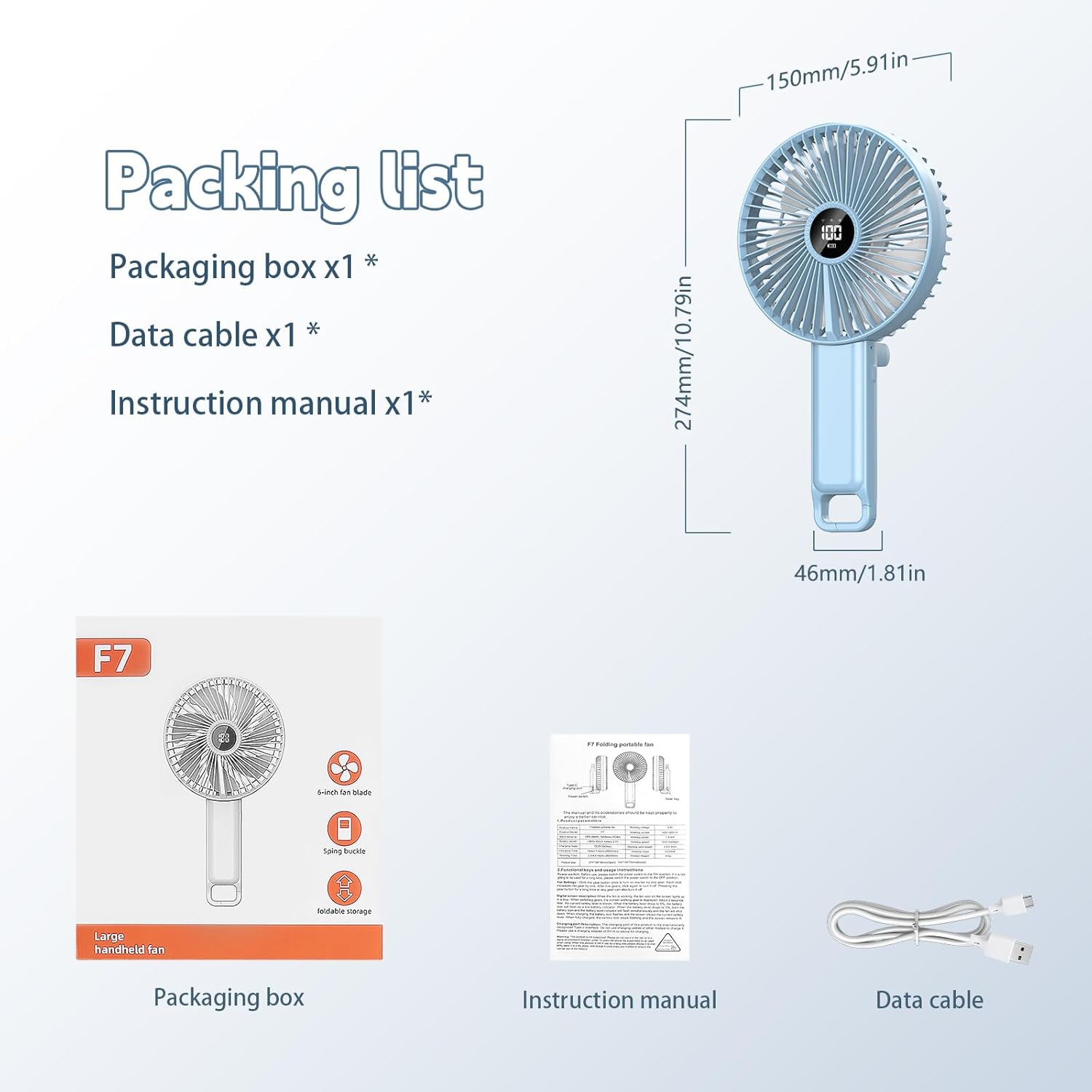 Portable 6-Inch Handheld Fan – 5 Speeds, USB Rechargeable