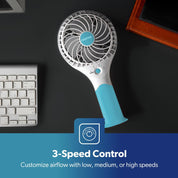 GEEPAS Rechargeable Fan - Pack of 2 | Mini Portable USB Handheld Fan for Home Office Travel Outdoor Personal Use | 3 Speed Settings 8Hr Run Time | Ultra Quiet Lightweight Air Circulator | Pink & Blue