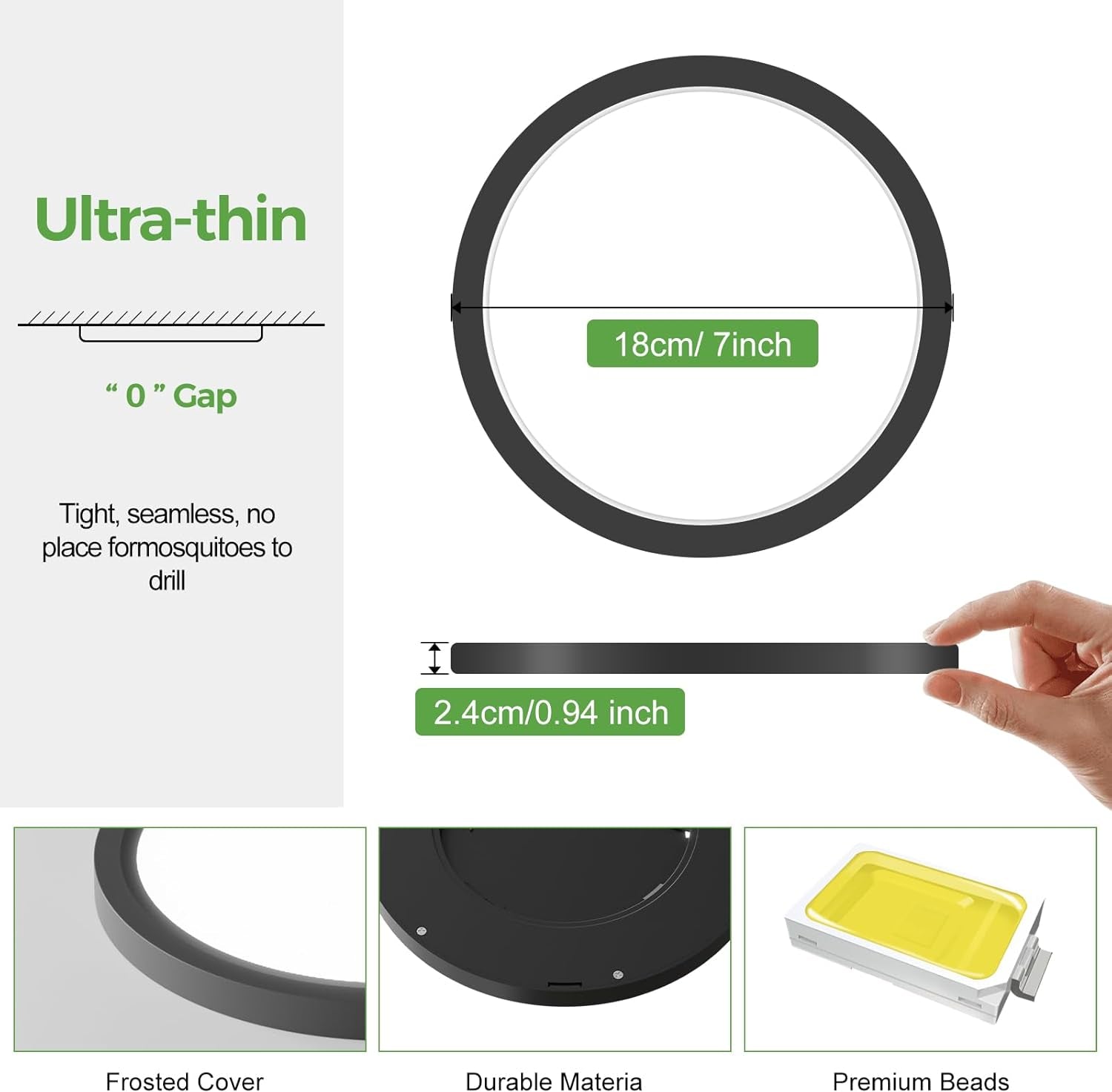 15W 1800LM LED Ceiling Light, Ultra Thin 18cm Round Black Flush Mount Lamp IP44 Waterproof, 3000K/4000K/6500K for Bathroom, Bedroom, Kitchen, Living Room, Toilet, Utility Room