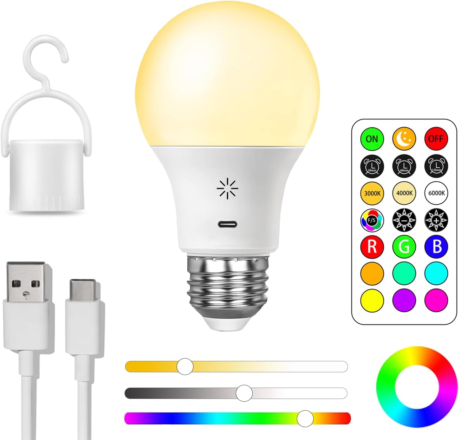 "USB Rechargeable RGB LED Bulb with Remote, 8W, E27, Dimmable, 9+3 Color Temp, 2600mAh Battery, 2-Pack"