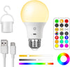 "USB Rechargeable RGB LED Bulb with Remote, 8W, E27, Dimmable, 9+3 Color Temp, 2600mAh Battery, 2-Pack"