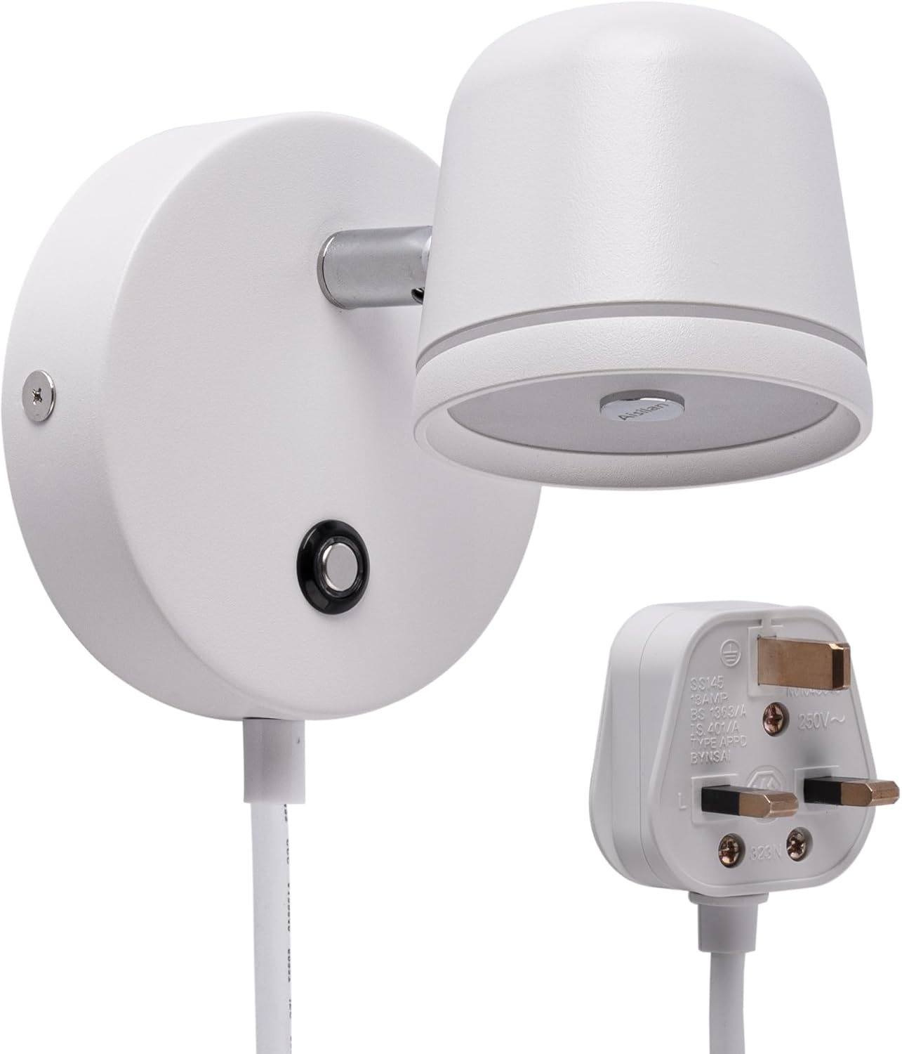 Plug-in White Wall Light – 3 Colour Temps Dimmable LED Wall Sconce with Touch Switch, Adjustable Spotlight for Bedroom & Living Room