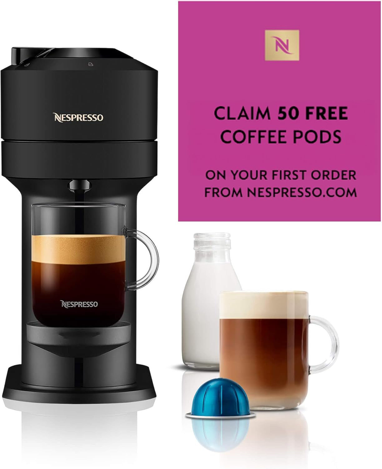 Vertuo Next Coffee Machine by De'Longhi – 6 Cup Sizes, 30+ Coffee Varieties, Capsule Set Included, Matte Black