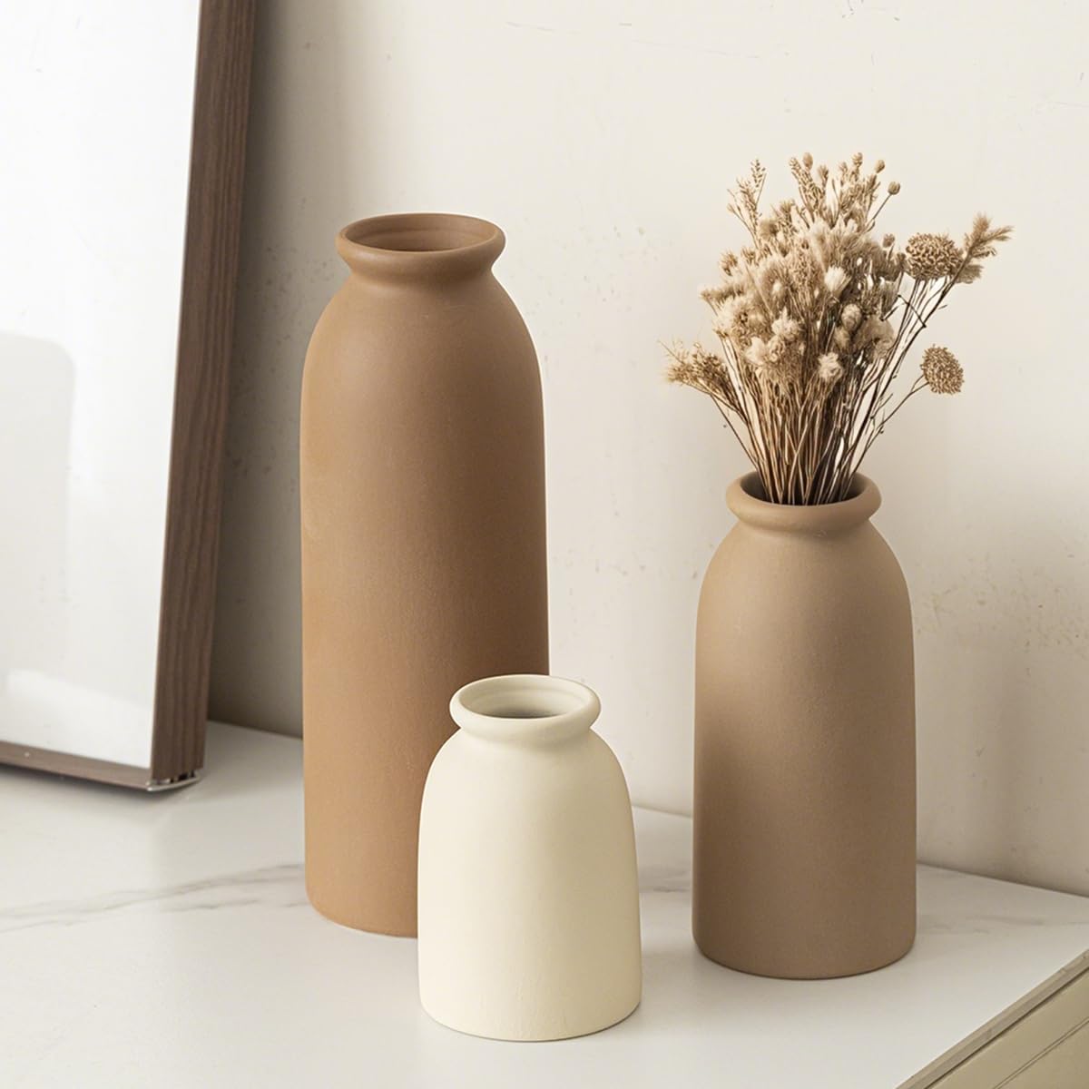 Set of 3 Small Ceramic Vases – Rustic Farmhouse Mini Flower Vases for Home Décor