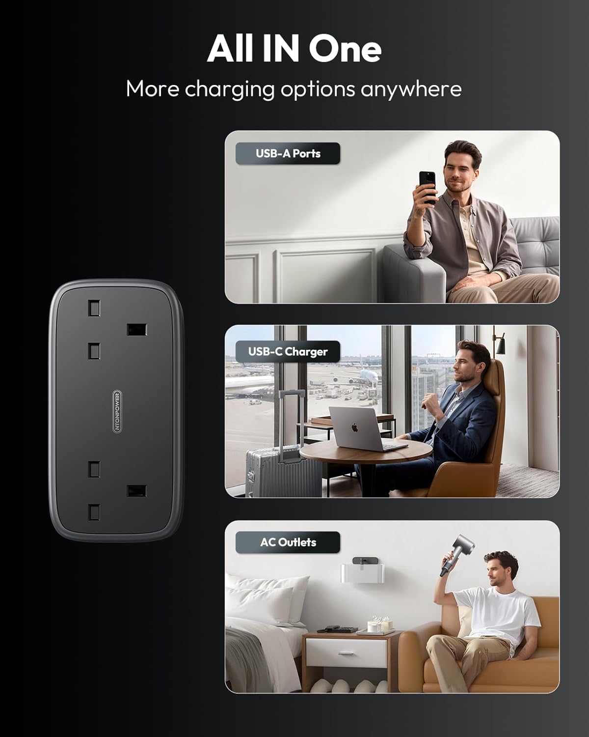 65W Travel Extension Lead with 2 Outlets & 4 USB (2 Type-C) – Cruise & Hotel Essential