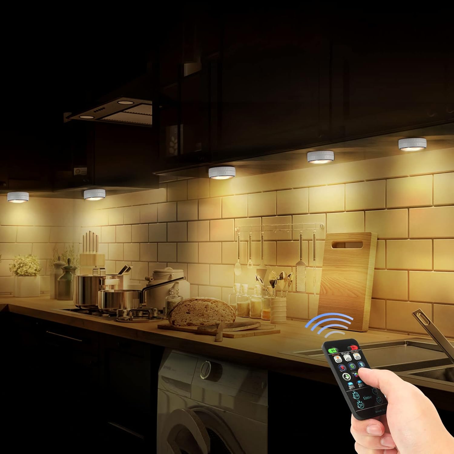 Under Cabinet LED Puck Lights Battery Powered Stick-On RGB Kitchen Closet Lighting with Remote 2 Pack