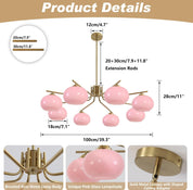 Pink chandelier with measurements and product details on a white background