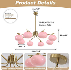 Pink chandelier with measurements and product details on a white background