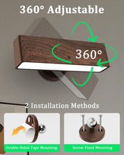 Wooden wall light fixture with adjustable design and installation methods on a gray background