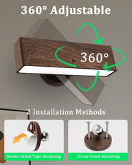 Wooden wall light fixture with adjustable design and installation methods on a gray background