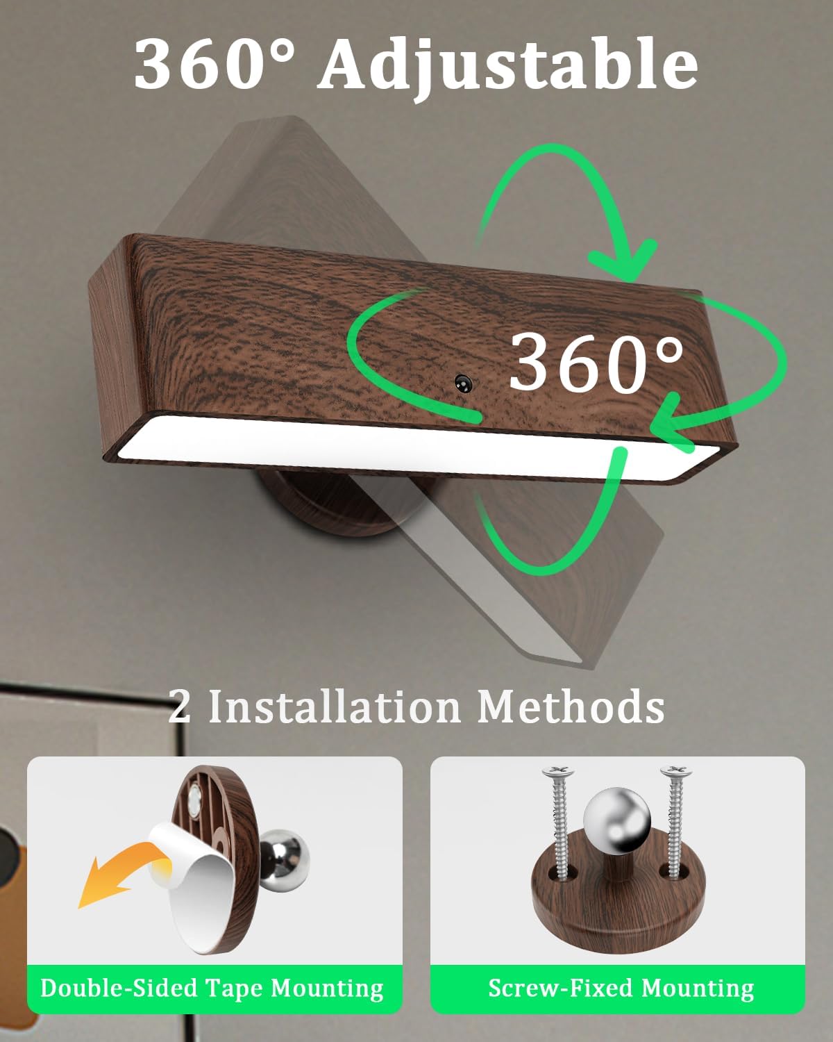 Rechargeable Wall Lights Indoor Set of 2 Wireless Magnetic Sconces Walnut