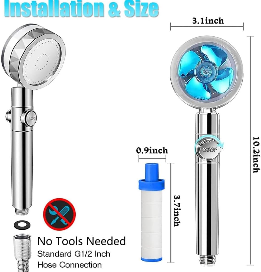 High Pressure Shower Heads, Handheld Turbo Fan Shower with Filters Vortex Hydro Jet Turbo Propeller 360 Degrees Rotating Shower Head(Blue)