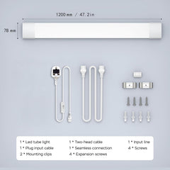 LED tube light components including tube light, cable, clips, and screws on a gray background with measurements.