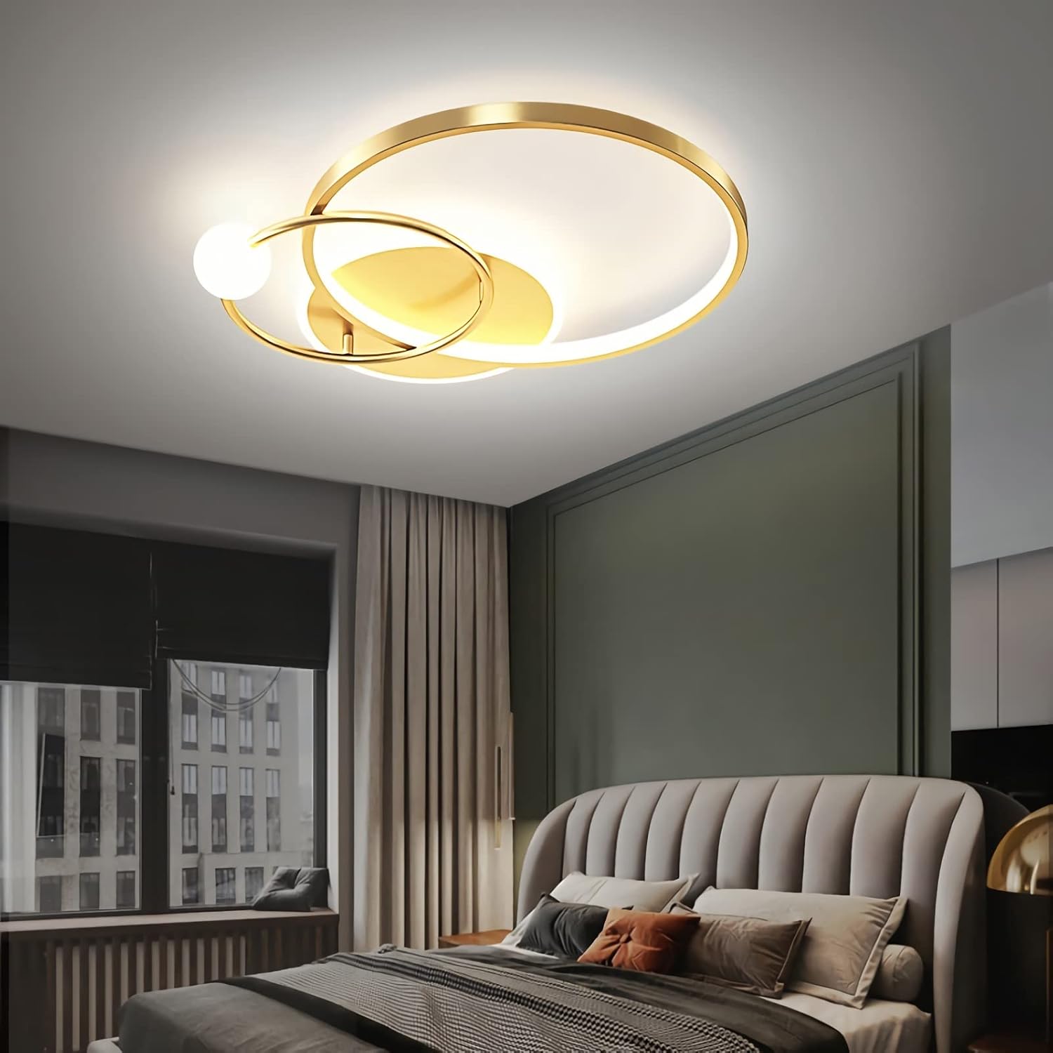 Modern LED Dimmable Ceiling Lamp with Remote Control, Gold Pendant Light 42cm for Bedroom, Kids Room, Dining Room, Kitchen, Office