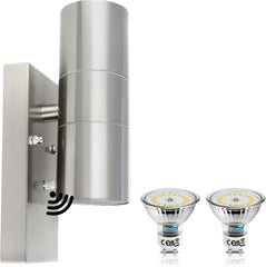 LED Outdoor Wall Light with Dusk Till Dawn Sensor, IP44 Rated, Up/Down Porch Lamp in Stainless Steel, Includes 2 x 5W GU10 Bulbs, Cool White, 240V