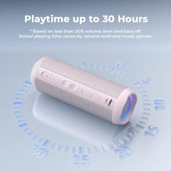 Bluetooth speaker with playtime indication on a light blue background