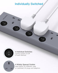 4-Way Extension Lead with 4 USB (2 Type-C), 1.8M Cable & Switches – Grey
