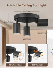 Black rotatable ceiling spotlight with measurements and usage illustrations on a neutral background