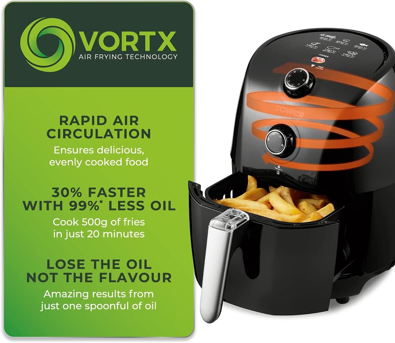 Tower T17025 Vortx Compact Air Fryer, 1.5L – 900W, Rapid Air Circulation, 30-Min Timer, Healthy Low-Oil Cooking, Black
