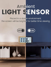 Wooden Digital Alarm Clock – Large LCD Display, Snooze, Temperature, Battery Operated