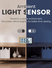 Wooden Digital Alarm Clock – Large LCD Display, Snooze, Temperature, Battery Operated