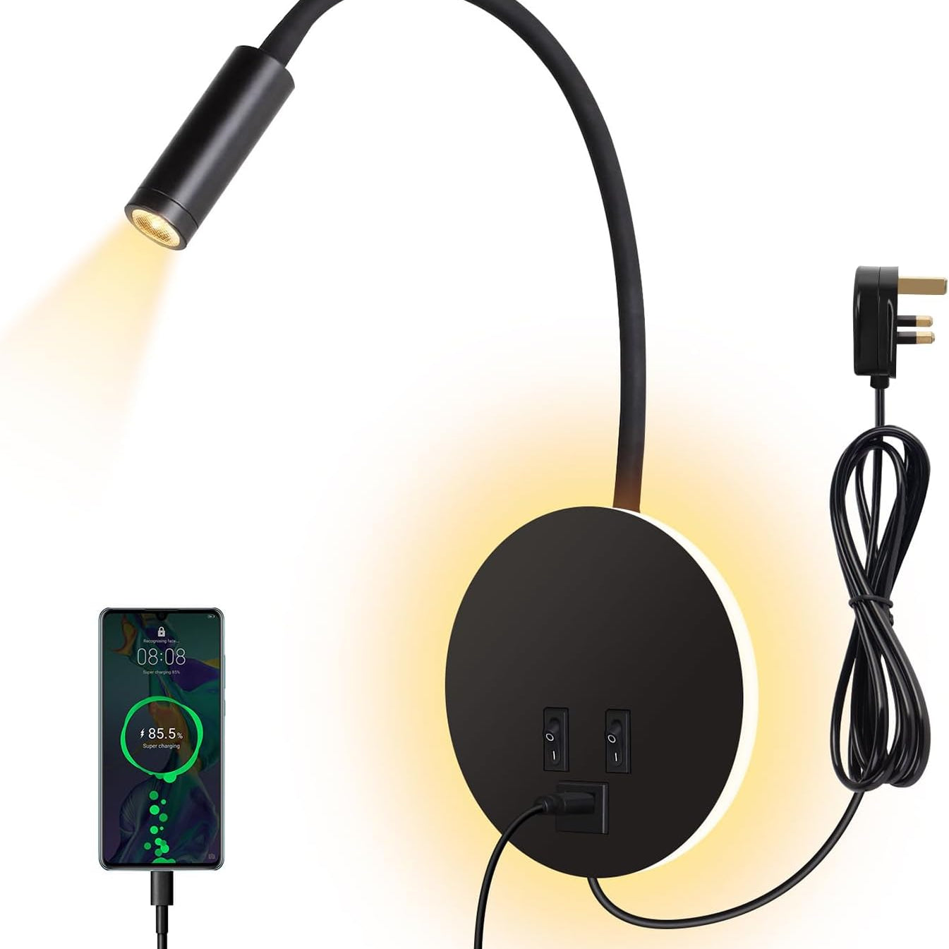 Glowing black lamp with adjustable neck and power cord, featuring a smartphone displaying a battery icon.