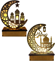 2-Piece Wooden Ramadan Night Lights – Moon Star LED Table Lamps for Eid Home Decoration