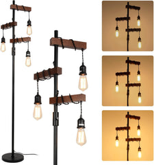 Vintage-style floor lamp with hanging light bulbs on a white background