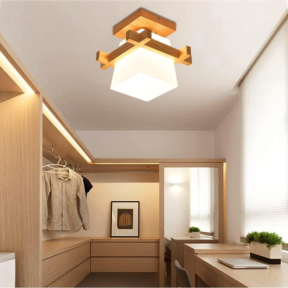 Wood Ceiling Light, Simple Japanese Tatami Style E27 Wooden Lamp with Glass Shade, Modern Ceiling Light Fixture for Hallway, Porch, Balcony, and Bedroom