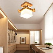 Wood Ceiling Light, Simple Japanese Tatami Style E27 Wooden Lamp with Glass Shade, Modern Ceiling Light Fixture for Hallway, Porch, Balcony, and Bedroom