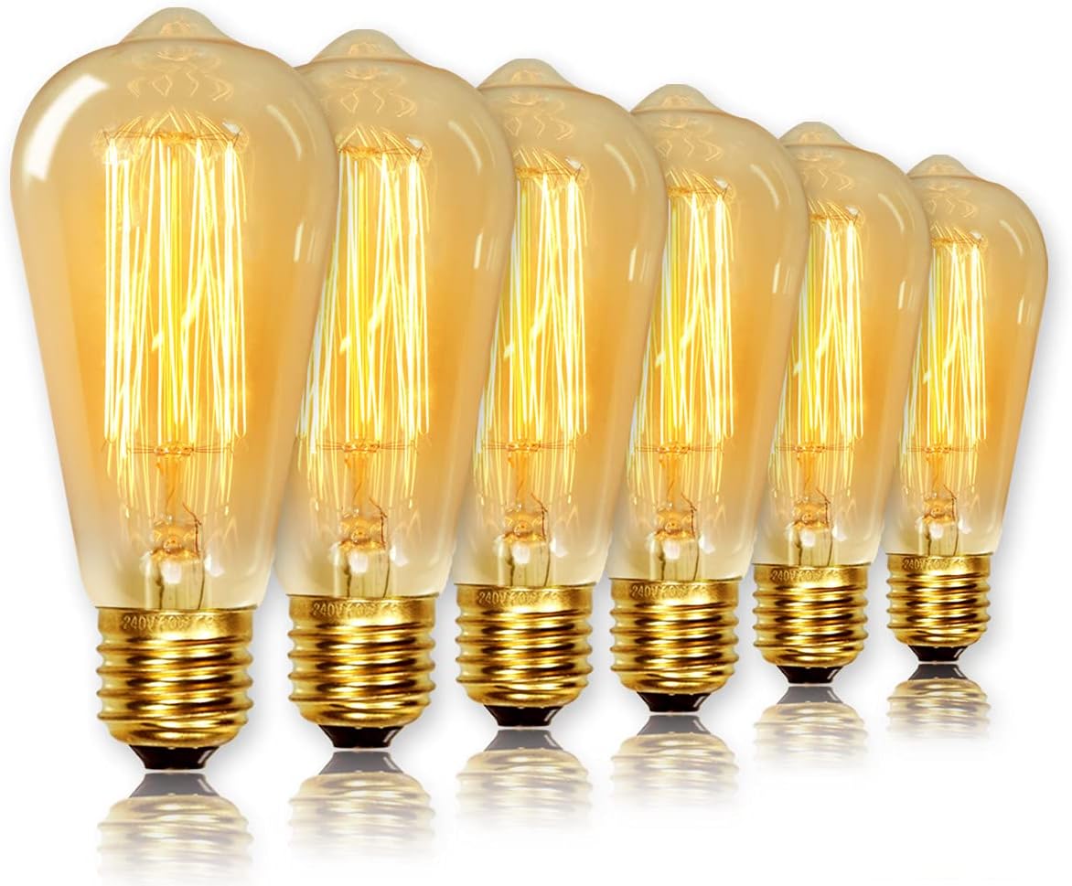 "ST64 Vintage Light Bulbs, E27 Edison, Warm White 2700K Dimmable, Squirrel Cage Filament, Pack of 6"