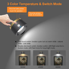 Light fixture with touch control for color temperature and switch mode on a dark background.