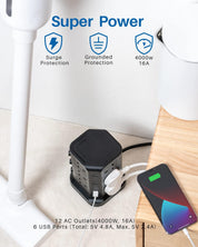 Tower Extension Lead [13A 3250W] with 12 AC & 6 USB Ports, Surge Protected 2M Power Strip