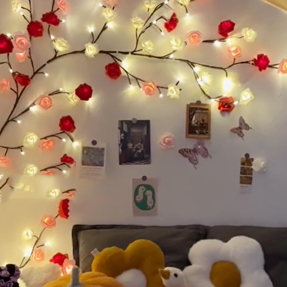 Rose LED Vine Wall Lights with Remote and Timer, 48 LED Fairy Branch Lights for Bedroom Wall Art and Indoor Décor