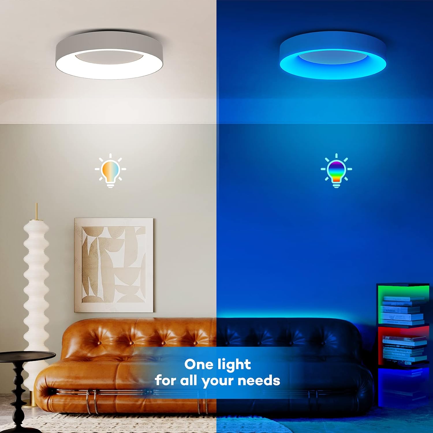 Ceiling light fixture showing white and blue light in a living room setting.
