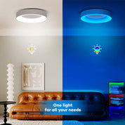 Ceiling light fixture showing white and blue light in a living room setting.