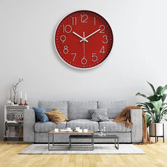 12-Inch Silent Non-Ticking Wall Clock, Modern Red Battery Clock for Home & Office