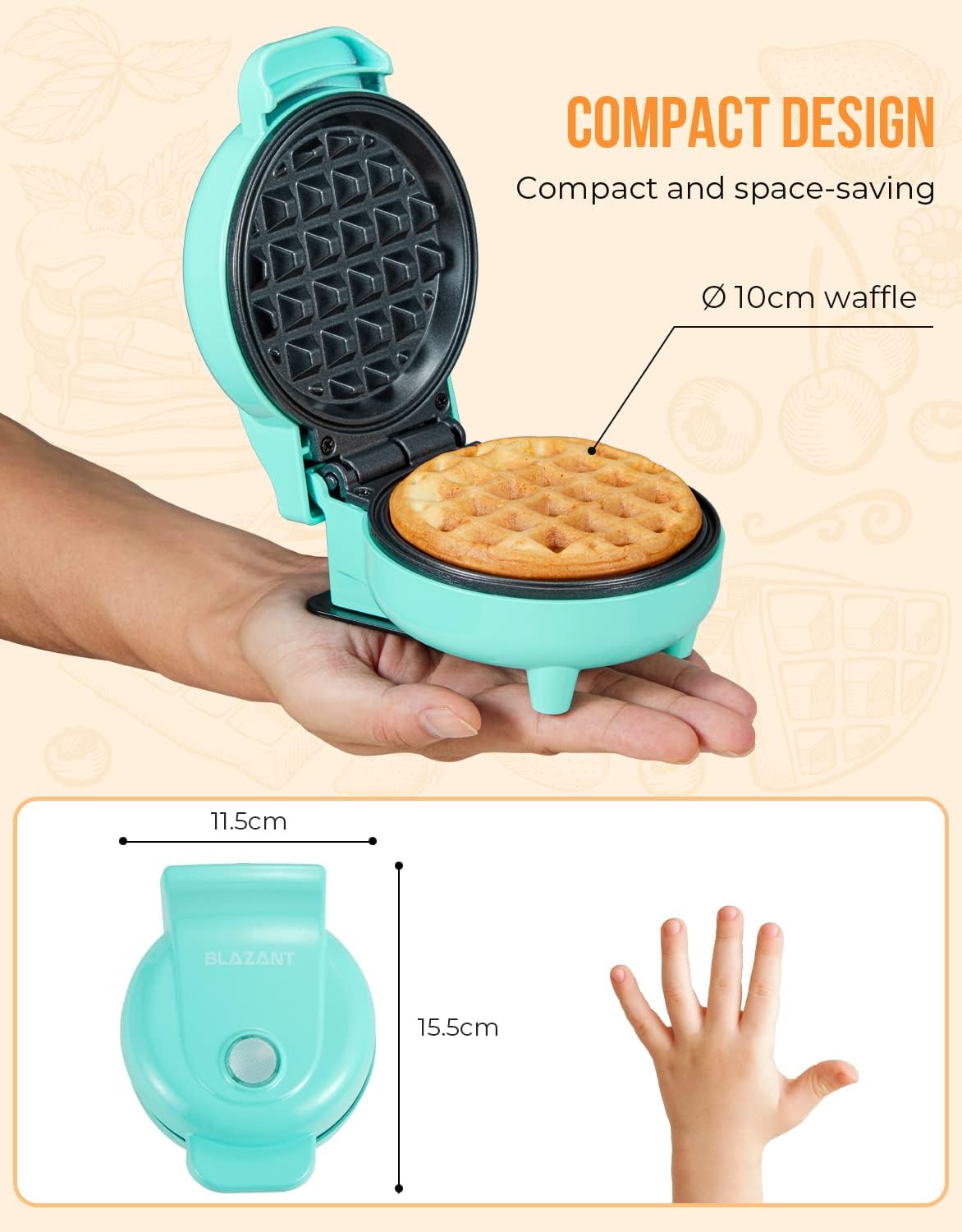 Blazant Mini Waffle Maker – 4 Inch Nonstick Compact Waffle Iron, 550W, Portable Breakfast Chaffle & Snack Maker, Blue