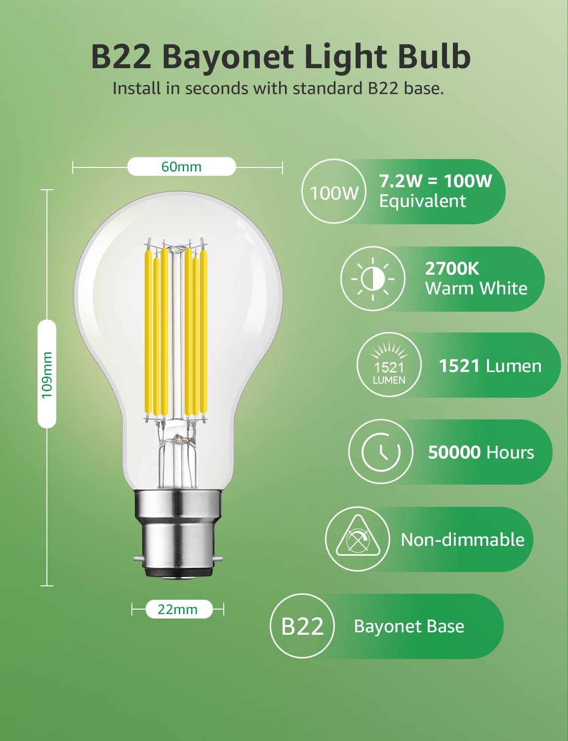B22 LED Filament Bulb 7.2W 1521lm Warm White Pack of 4