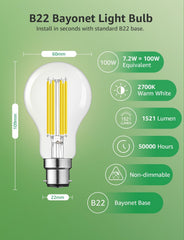 B22 LED Filament Bulb 7.2W 1521lm Warm White Pack of 2