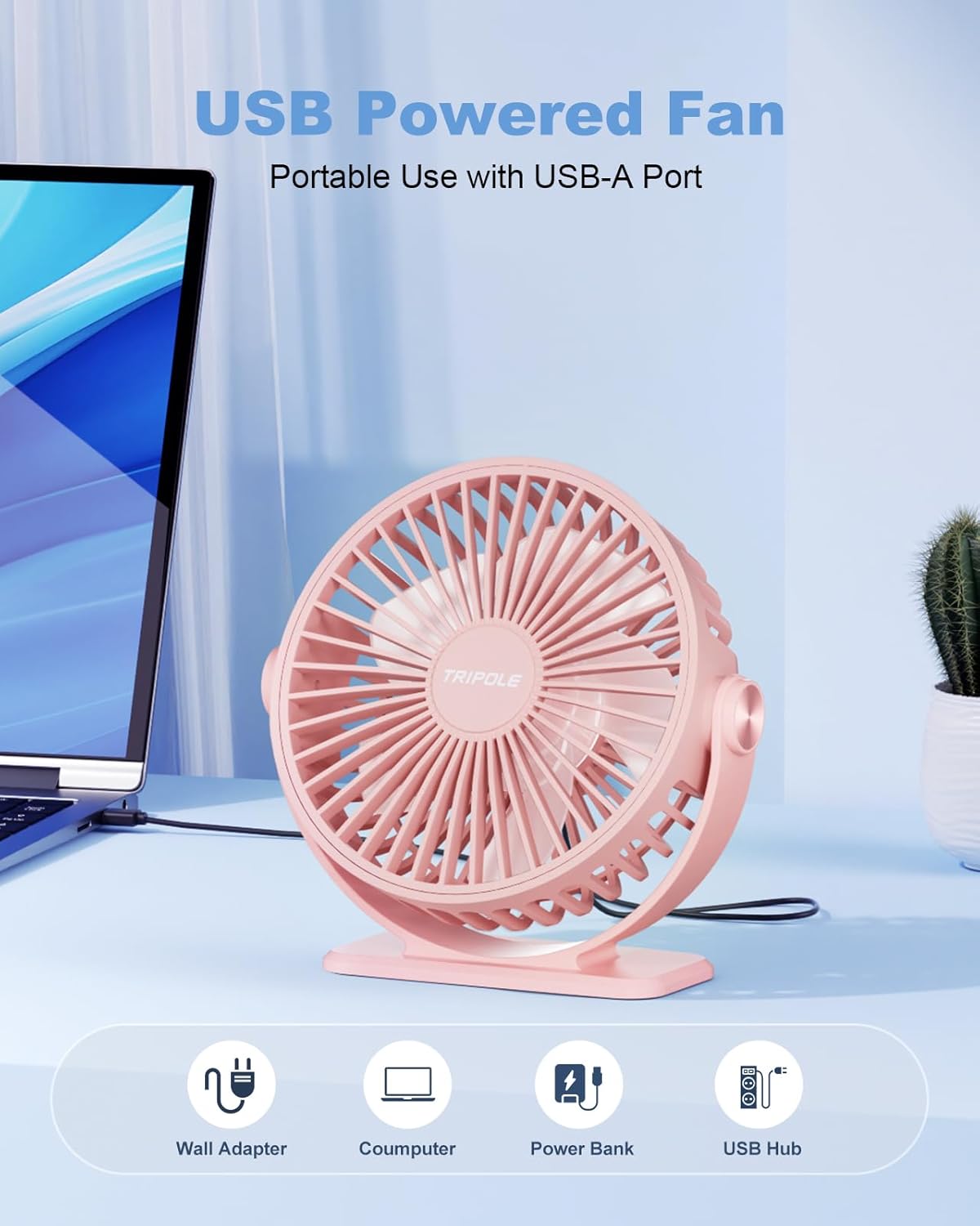 TriPole Desk Fan for Home, Portable USB Handheld Fan 3 Speeds Powerful Table Fan Silent, 360°Adjustable Mini Cooling Fans, Electric small Desktop Quiet Fans for Bedroom, Office, Library, Travel,Pink