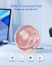 TriPole Desk Fan for Home, Portable USB Handheld Fan 3 Speeds Powerful Table Fan Silent, 360°Adjustable Mini Cooling Fans, Electric small Desktop Quiet Fans for Bedroom, Office, Library, Travel,Pink