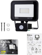 Eslos LED flood light with packaging and accessories on a white background