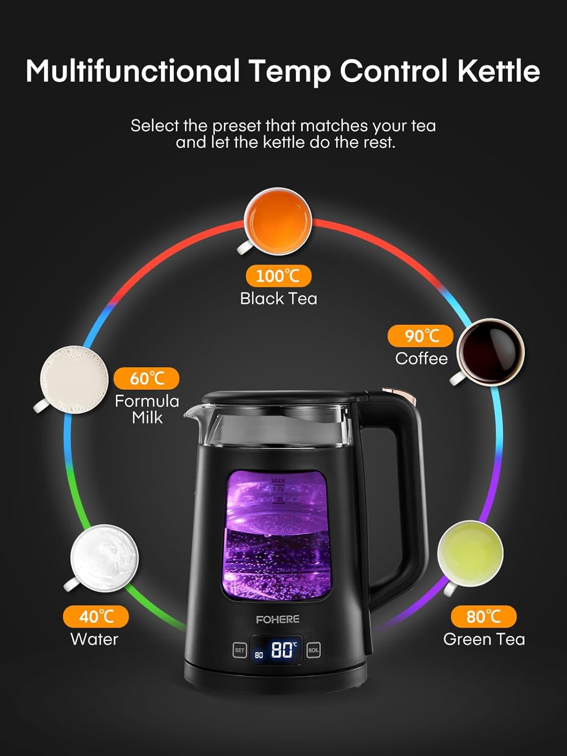 1.7L Glass Electric Tea Kettle – 5 Temp Control, Keep Warm, Fast Boil 2200W, Auto Shut-Off, LED Lights – Black